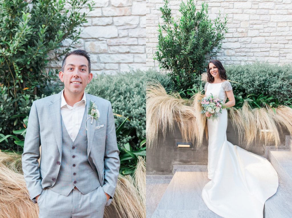 Portrait of a groom in a Ted Baker suit and a bride in a Rosa Clara gown in Sivota