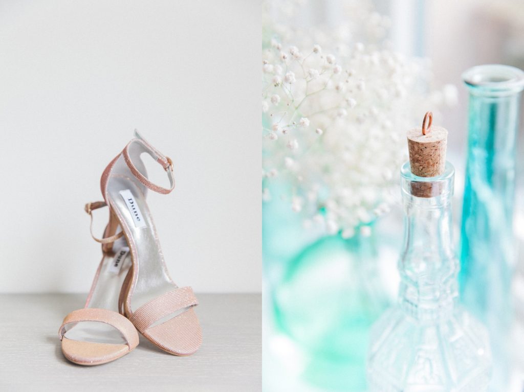 Dutch bride's pink Dune wedding shoes and blue glassware with Gypsophila
