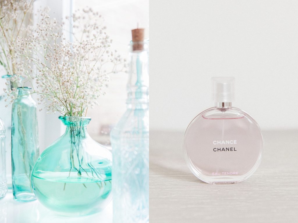 Gypsophila in blue vases and Dutch bride's Chanel Chance fragrance