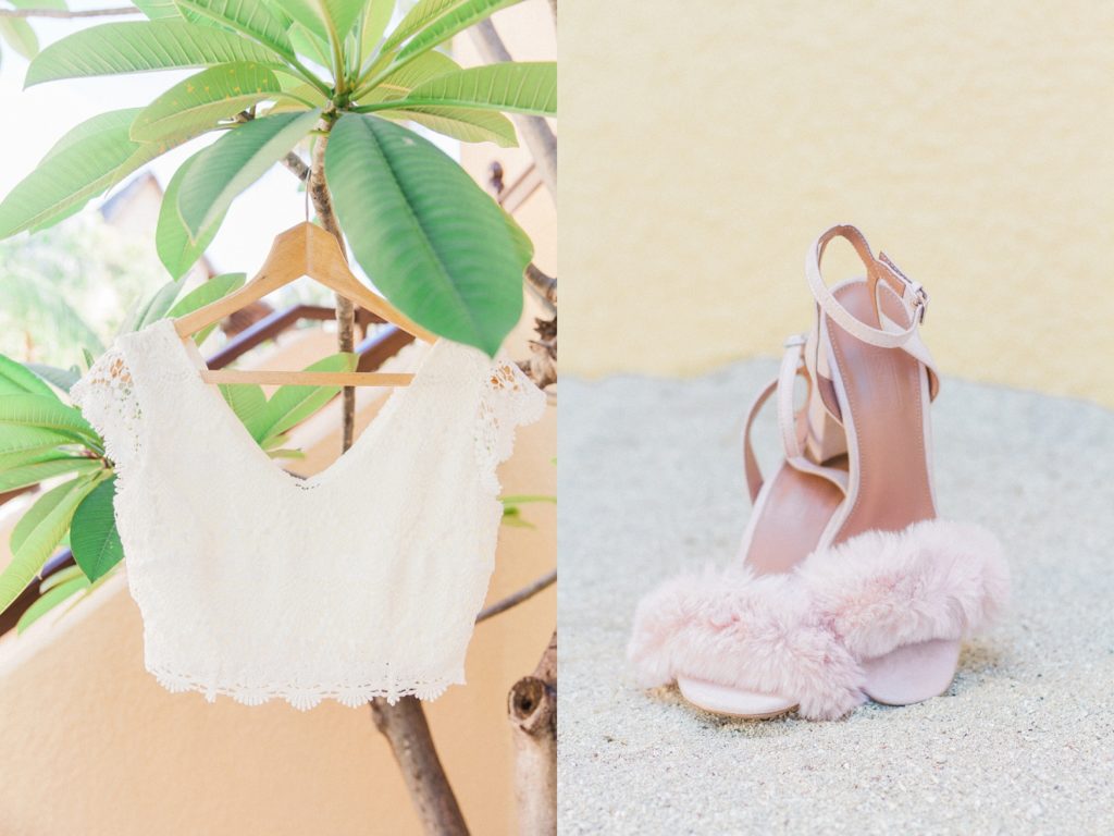 Daughters Of Simone wedding cropped top and fluffy pink wedding heels in Mauritius
