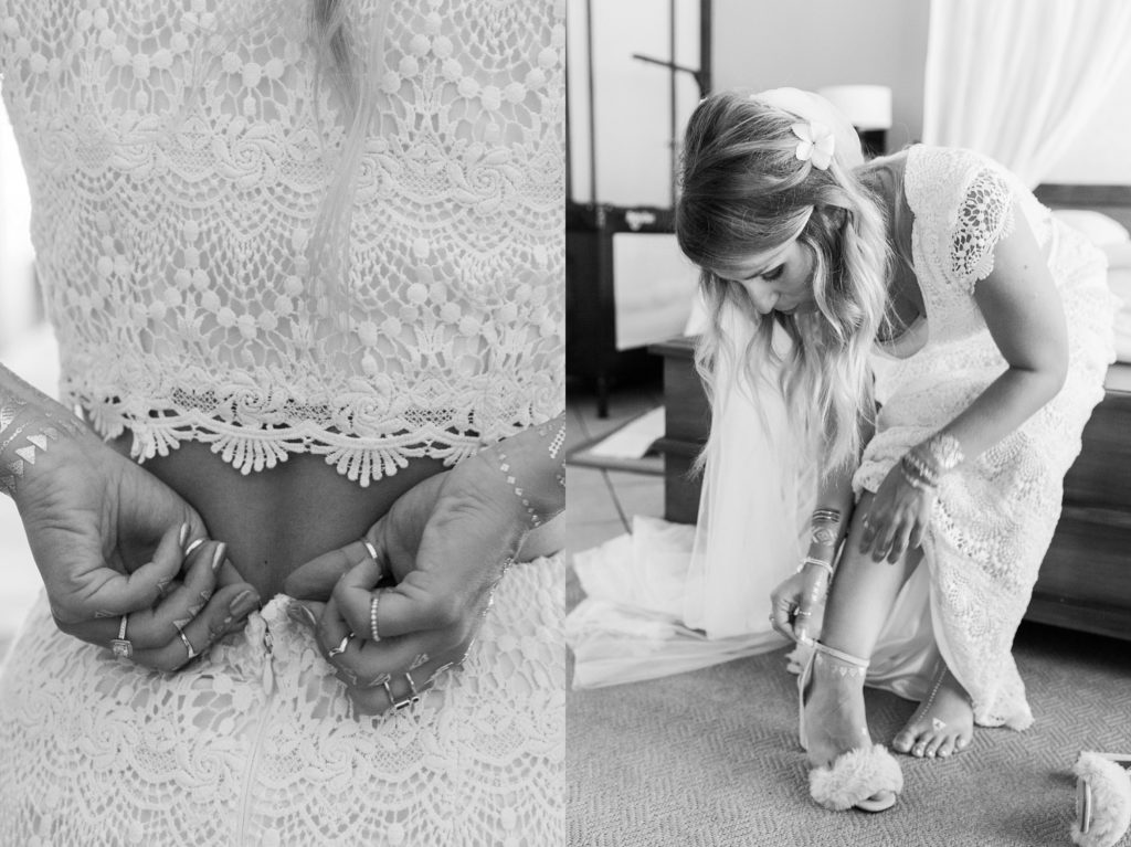 Bride puts on her Daughters Of Simone gown and heels on the morning of her Mauritius wedding