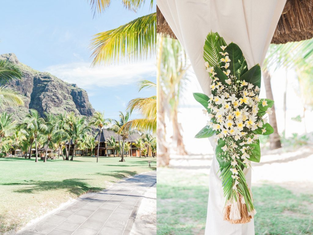 Tropical wedding decor and the grounds of Dinarobin Beachcomber Golf Resort & Spa in Mauritius