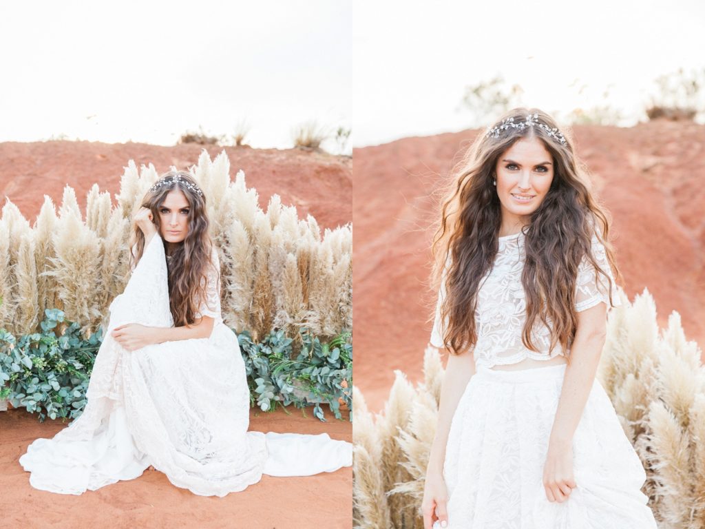 Portraits of a boho bride in front of a pampas and eucalyptus arch in the Red Desert