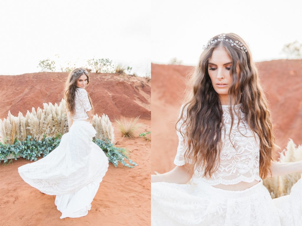 Portraits of a bride in a Chanelle Wright gown at her wedding in the Red Desert