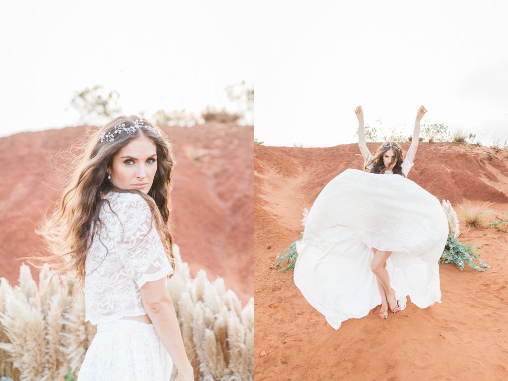 Boho bride in a Chanelle Wright gown at her Red Desert wedding planned by Oh Happy Day
