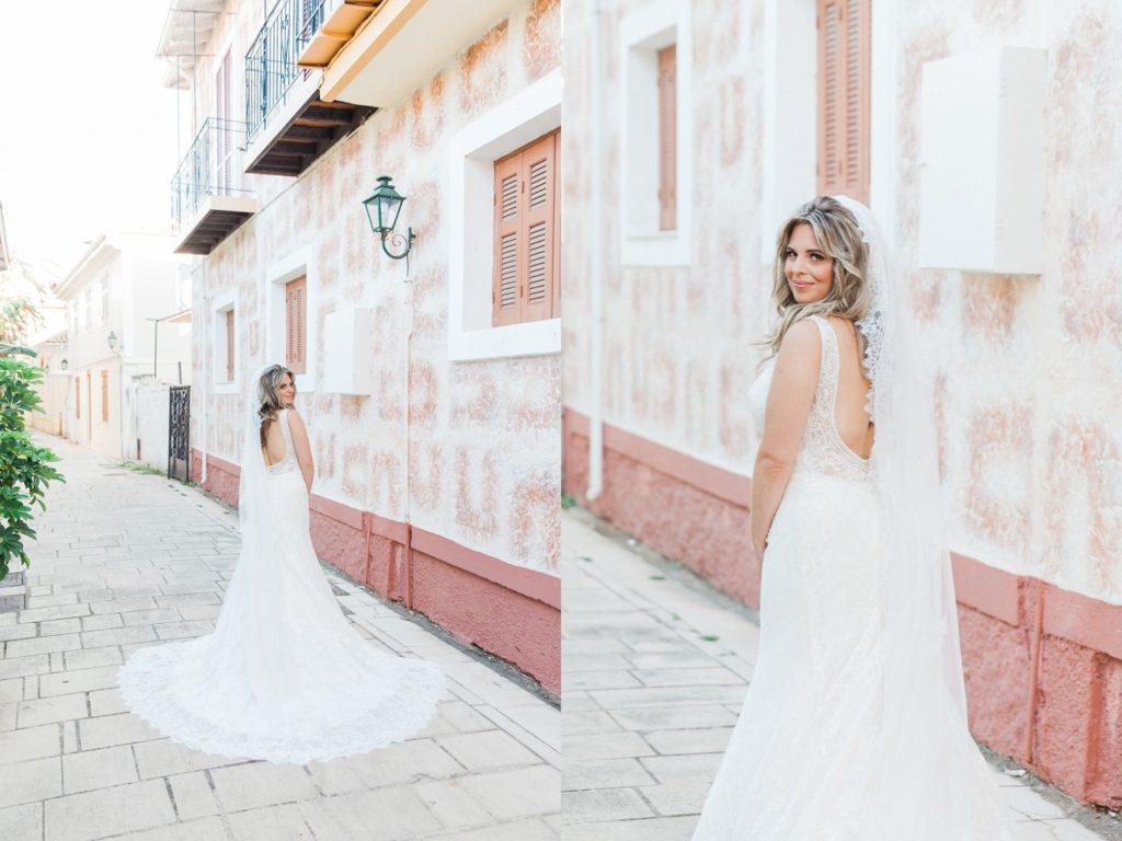 Portraits of the bride on the pastel streets of Lefkada in Greece