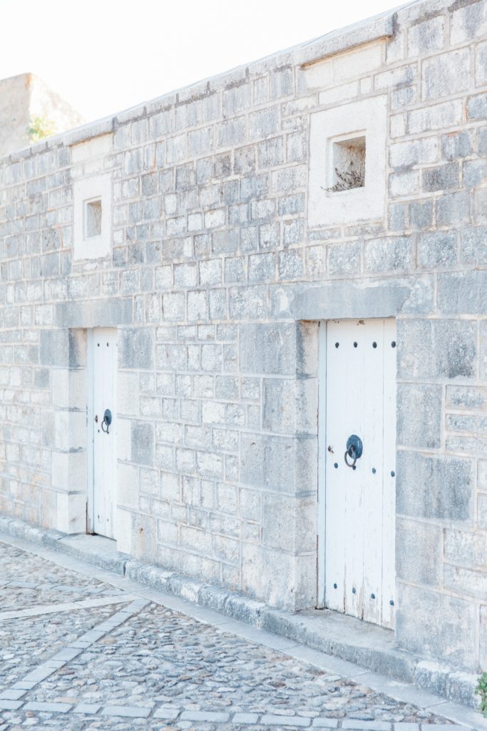 White doors in the Santa Maura Castle of Lefkada Greece