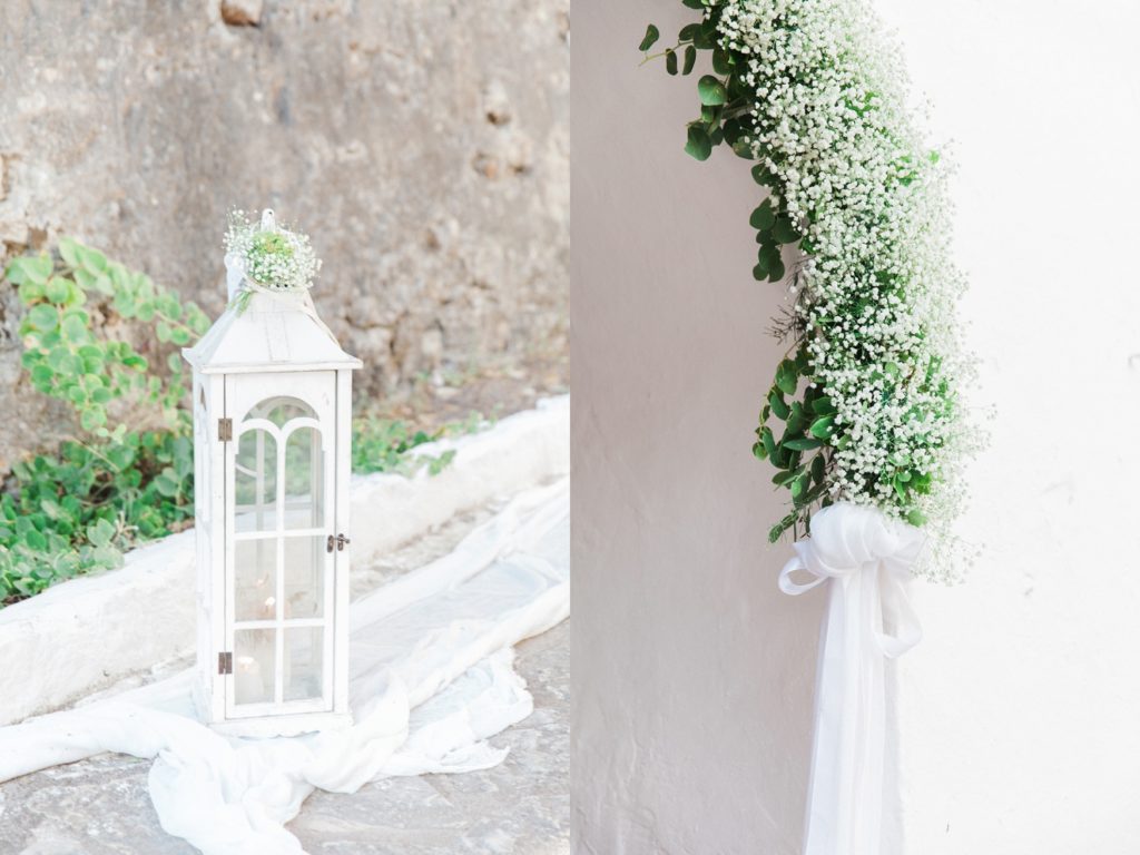 White lantern and gypsophila decor at the Greeek church inside Santa Maura Castel in Lefkada Greece