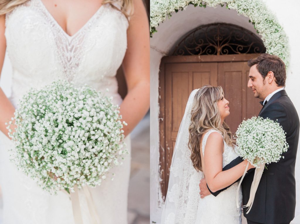 Portrait of a couple and the brides gypsophila bouquet in front of the church inside the Santa Maura Castle in Lefkada