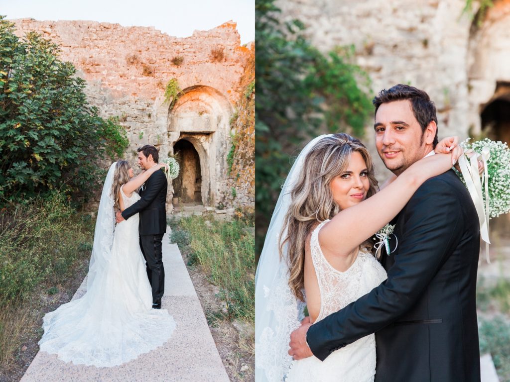 Romantic portraits of the couple against the walls of the Santa Maura Castle in Lefkada