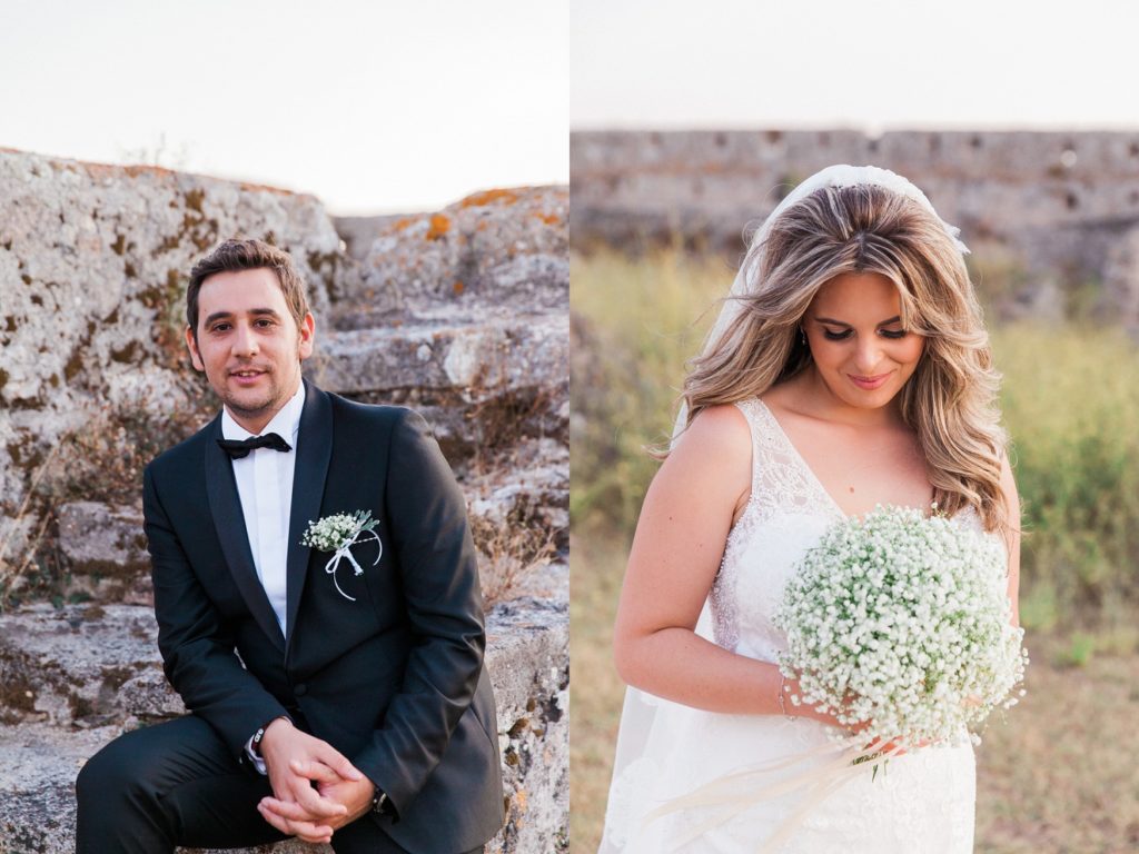 Portraits of the bride and groom in the grounds of Santa Maura Castle