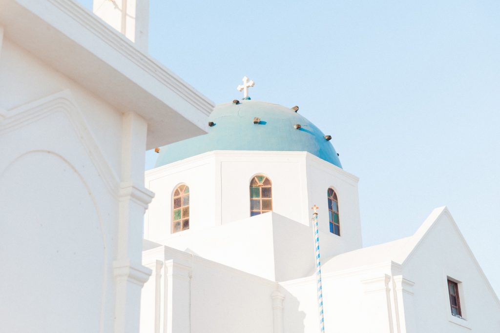 Iconic blue and white Santorini church