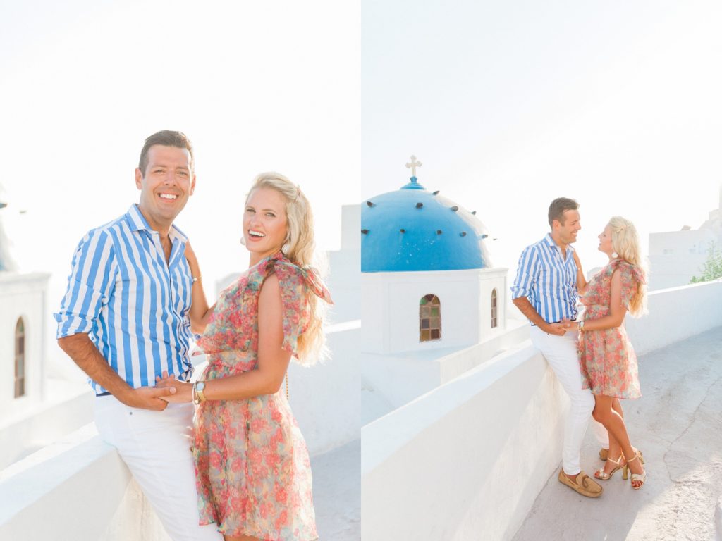 Sunset portraits of a couple in front of a Greek church on Santorini