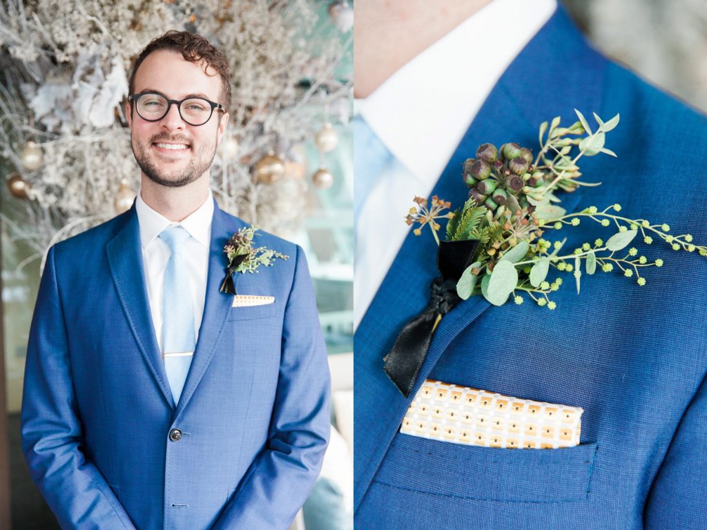 Portrait of a groom and his buttonhole on the morning of his South Place Hotel wedding