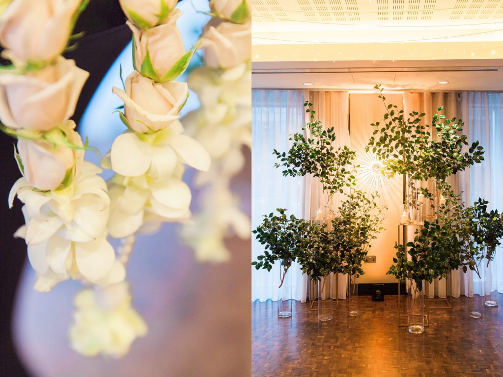Mixed culture wedding ceremony decor with greenery and candles at South Place Hotel