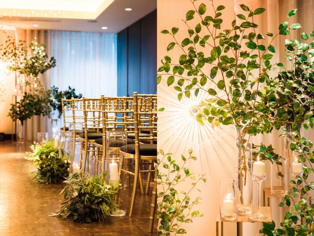 Foliage and candle details at a South Place Hotel wedding in London