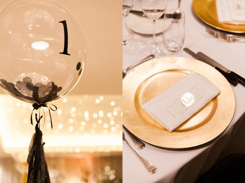 Balloon centrepieces and gold table settings at South Place Hotel wedding