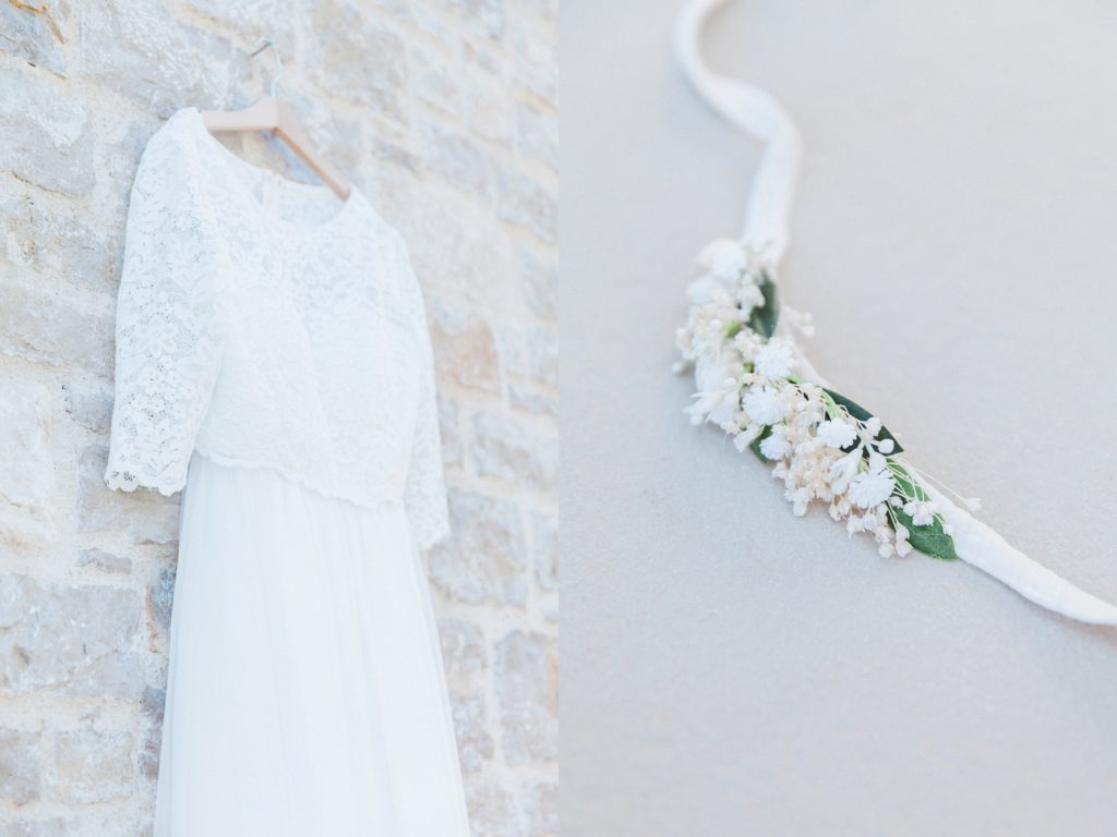 Brides two piece wedding dress and dried flower bracelet