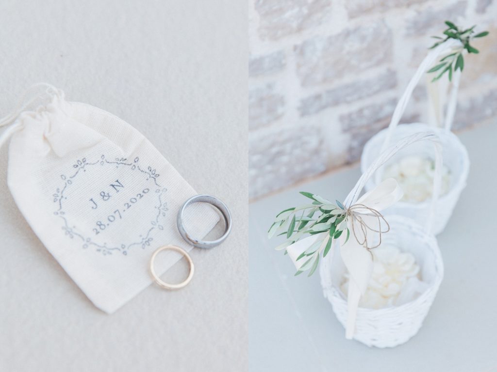 Couples wedding bands and flower girls confetti baskets