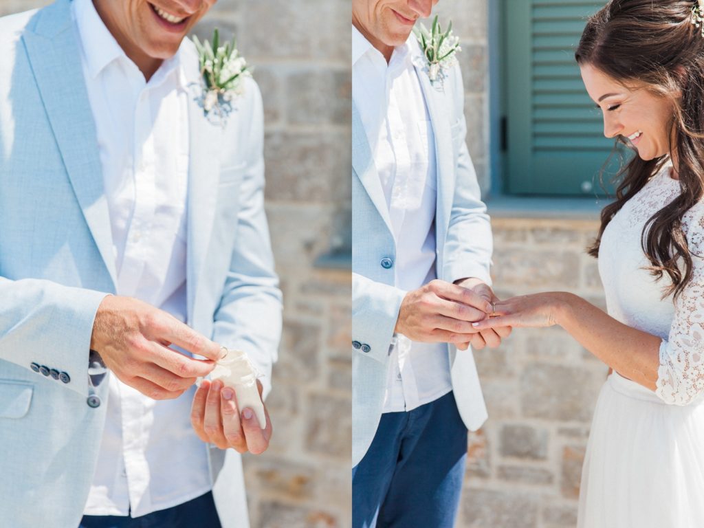 Groom puts the brides wedding band on her finger