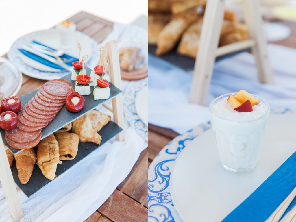 Picnic lunch style wedding breakfast with fresh fruit and Greek yoghurt