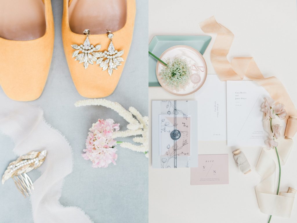 Colourful wedding details including antique earrings, yellow wedding shoes, pastel wedding stationery and silk ribbons
