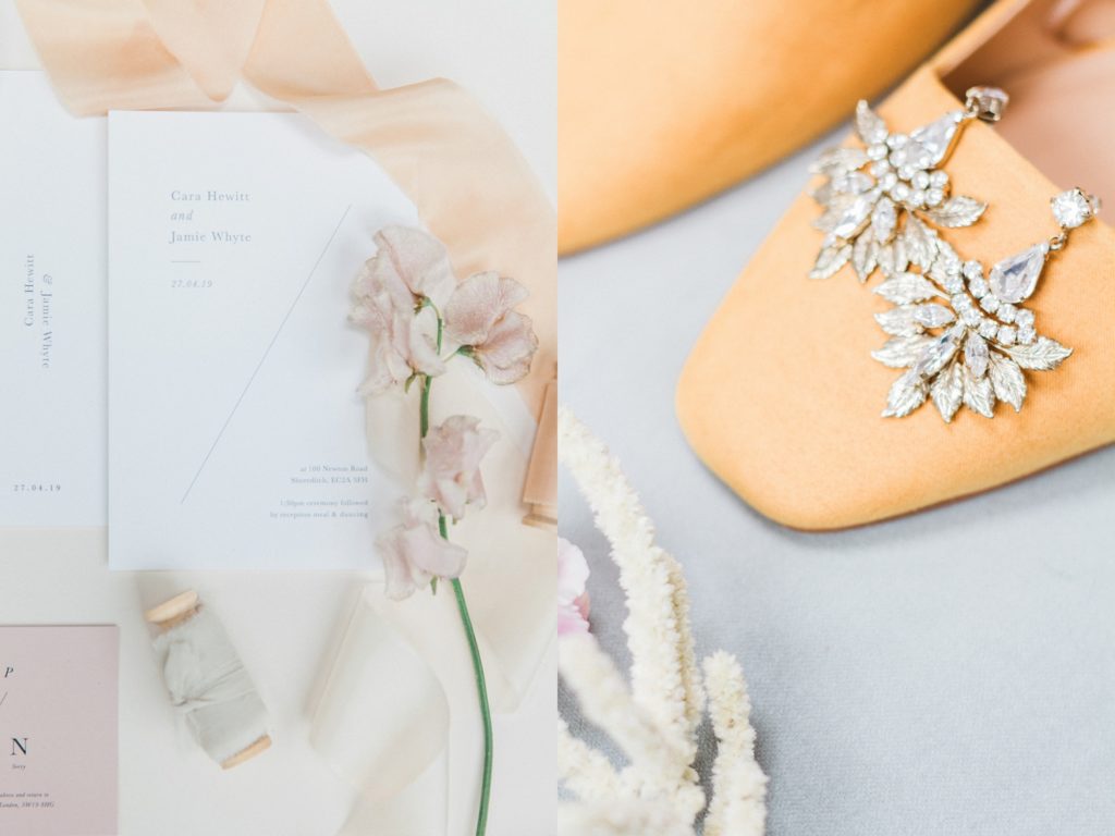 Spring wedding details including antique earrings, yellow wedding shoes, pastel wedding stationery and silk ribbons