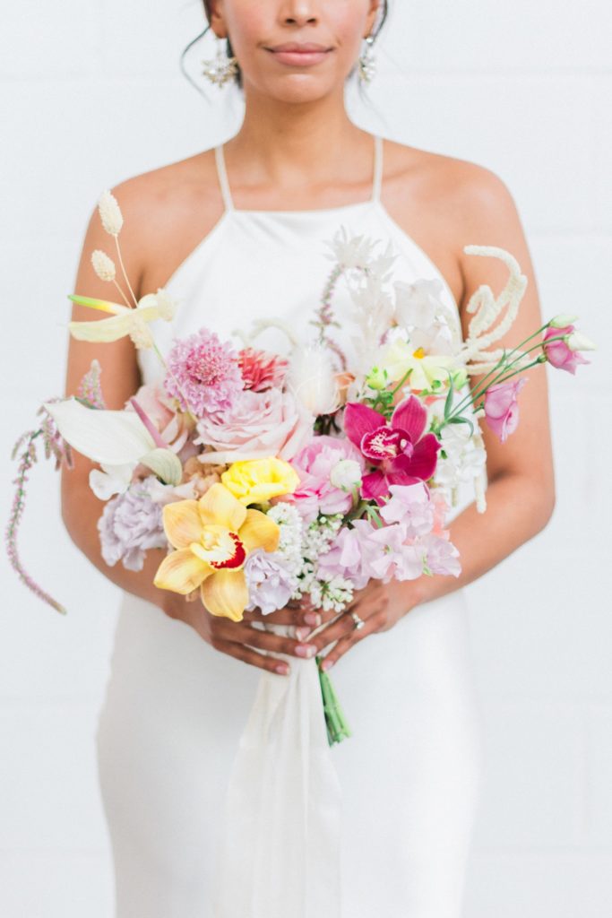 Colourful and eclectic spring wedding bouquet