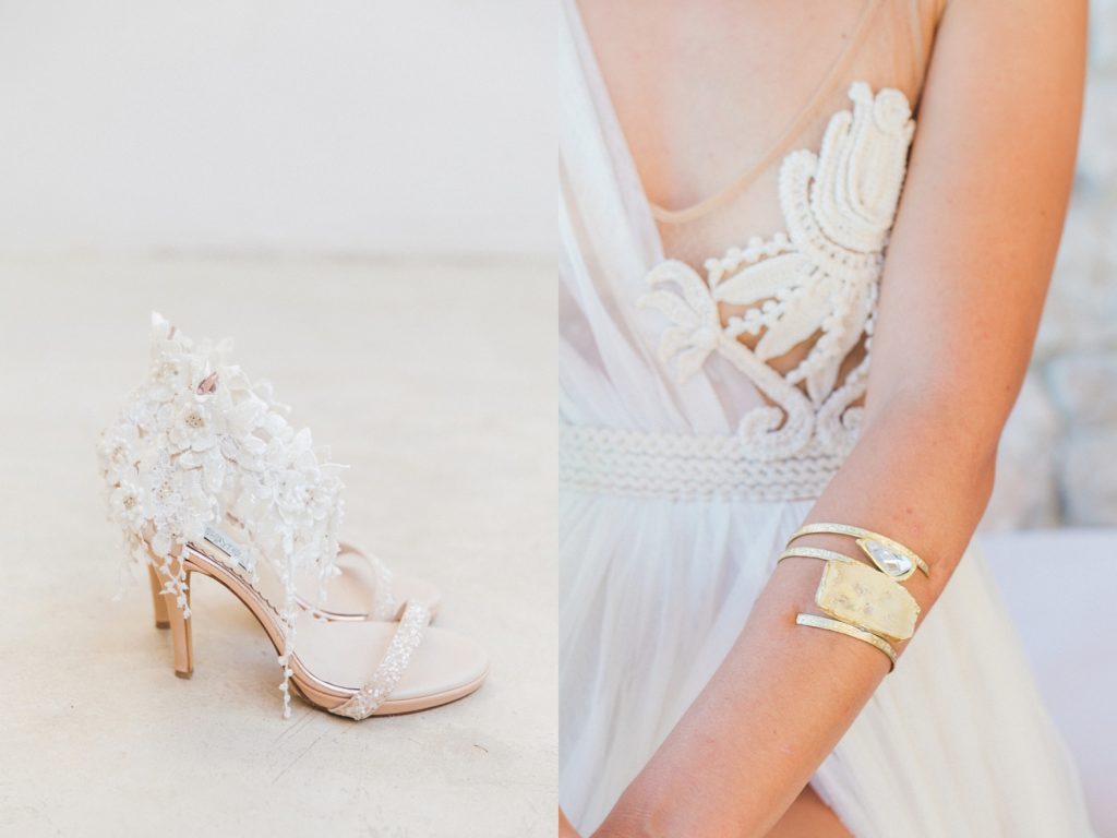 Katerina Savrani wedding shoes and a gold and stone arm cuff worn by the bride
