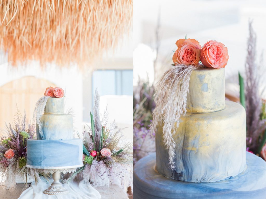 Gold and blue watercolour wedding cake at Crystal Waters Lefkada