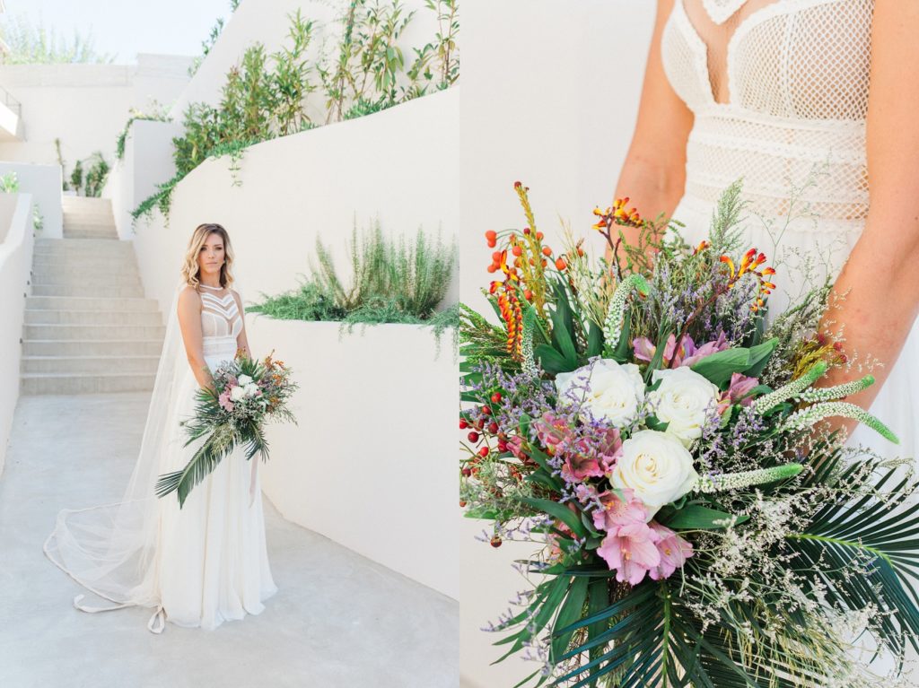 Boho wedding bouquet and a bride in an Atelier Zolotas wedding dress at Crystal Waters Lefkada