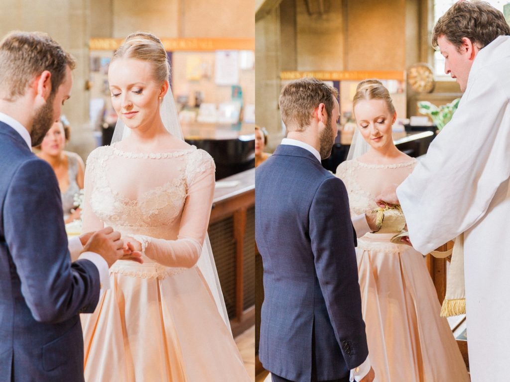 Bride and groom exchange rings and are blessed by the pastor during their English church wedding