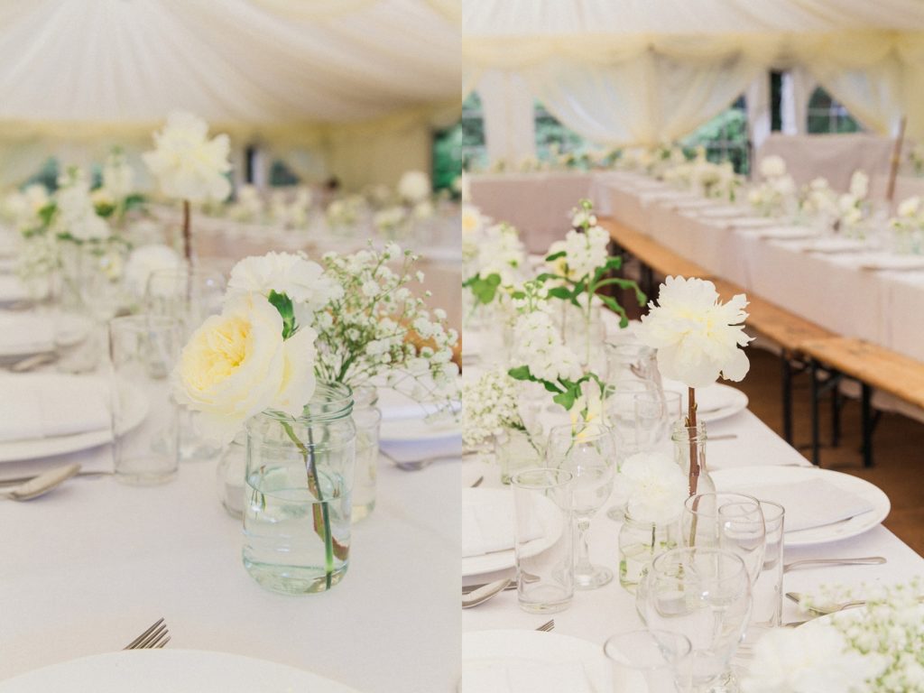 White decor at a marquee garden wedding in Leicestershire