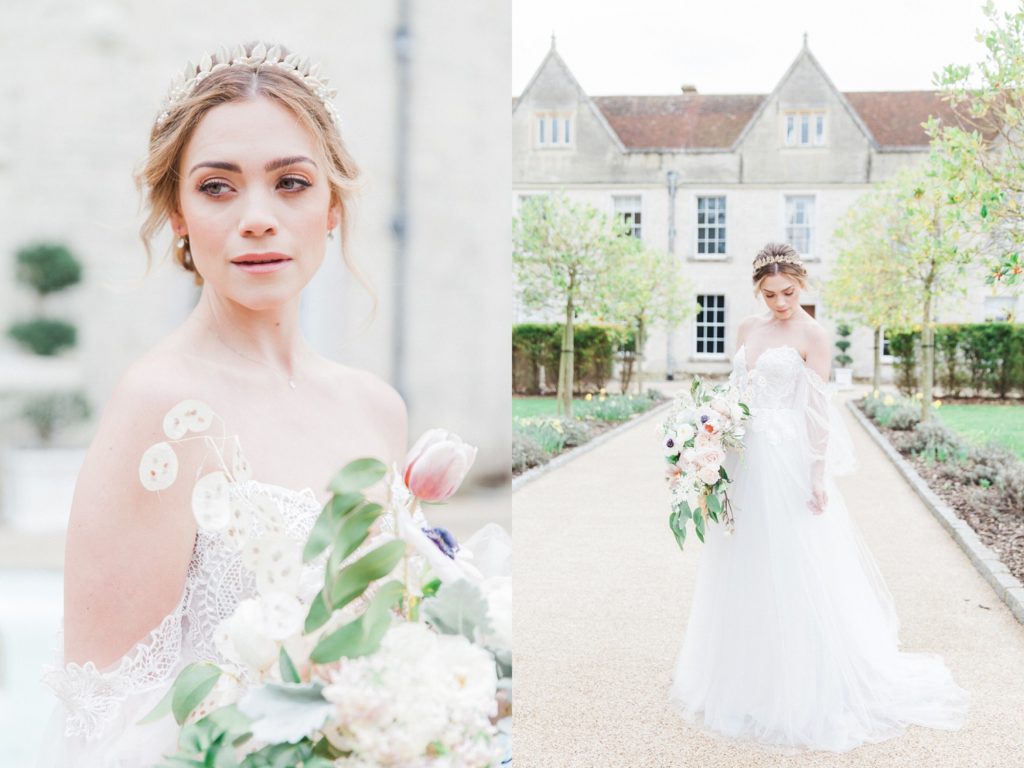 Portraits of a bride in front of Froyle Park Country Estate in Hampshire