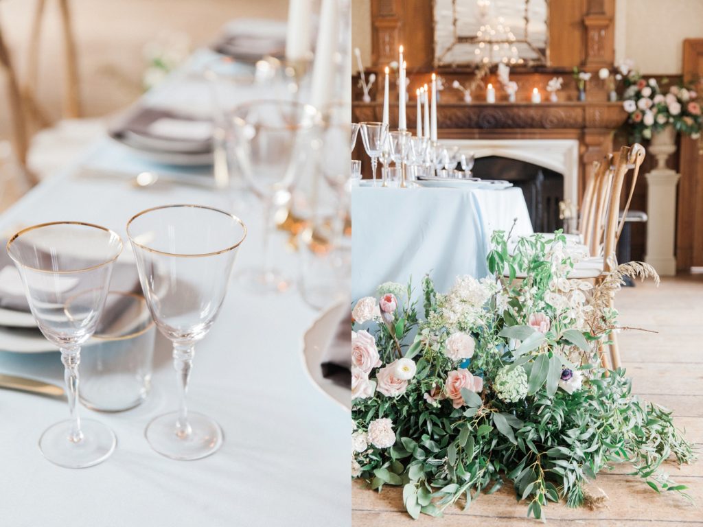 Elegant pastel table decor with gold detailing and wild flowers
