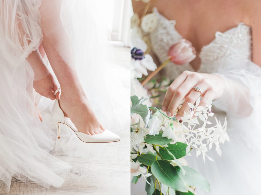 Ivory Harriet Wilde wedding shoes and a grey diamond ring by Lilia Nash Jewellery