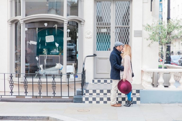 Couple Kissing on a Street during their Belgravia couple shoot