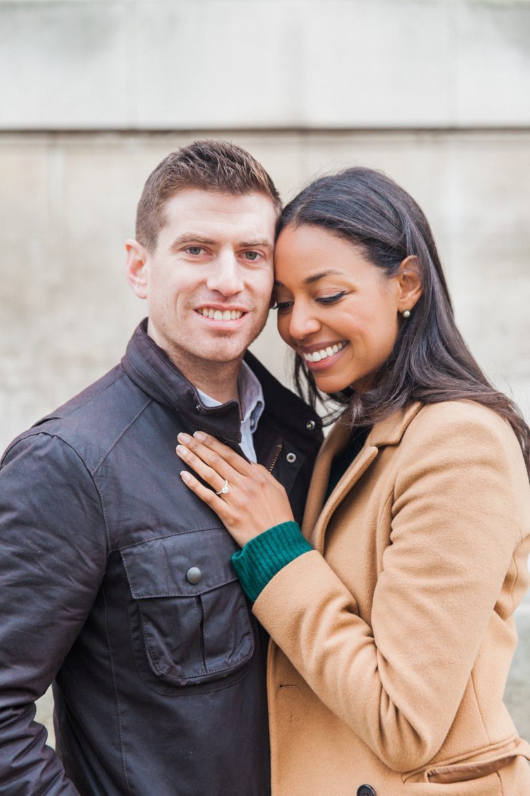 Portrait of a happy couple during their Charlotte Street Hotel Engagement session