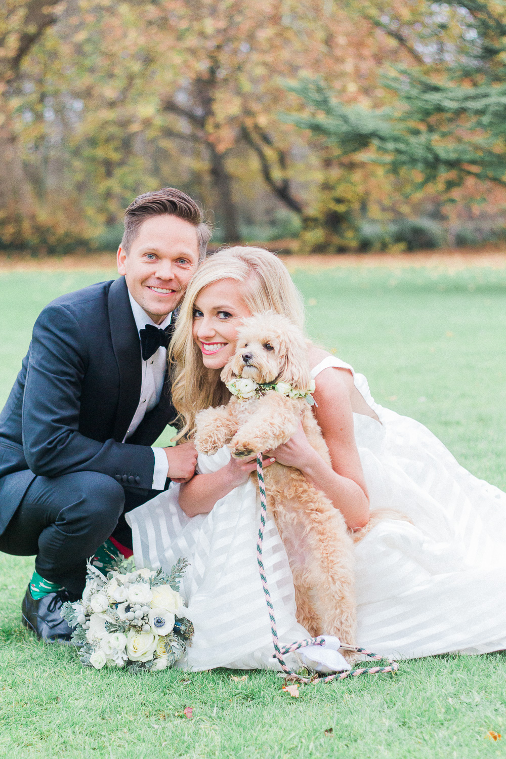 Portrait of the bride, groom and their mini french poodle london wedding photographer Maxeen Kim