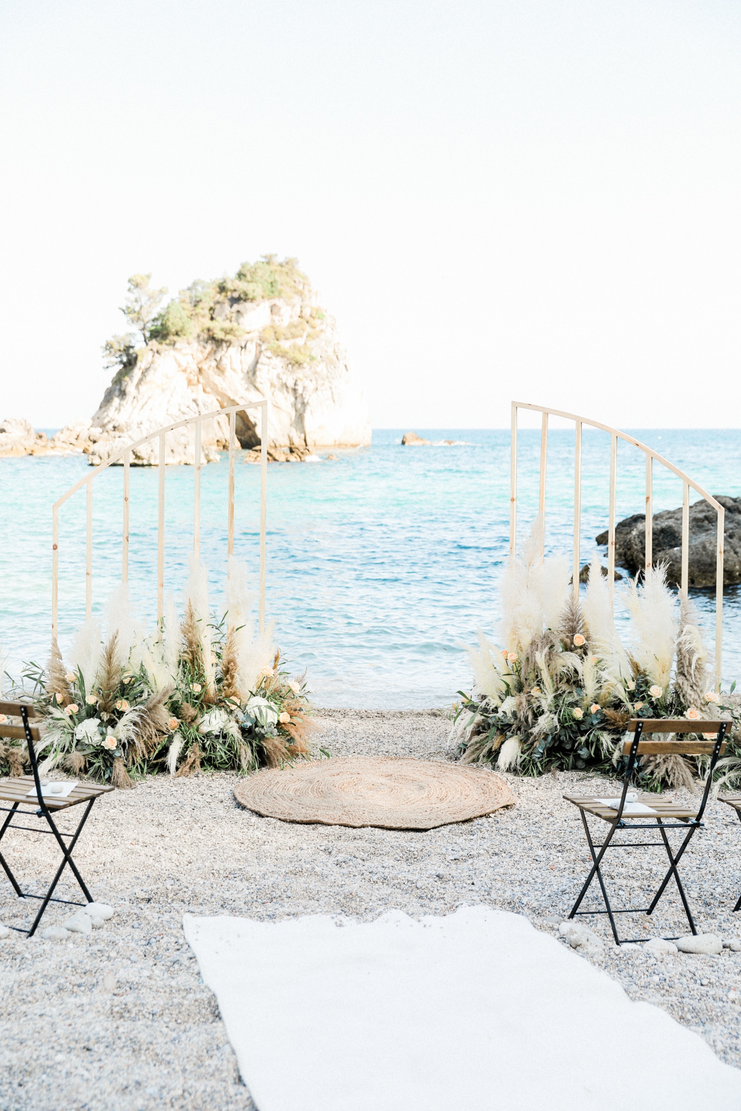 Boho pampas beach wedding arch in Parga Greece