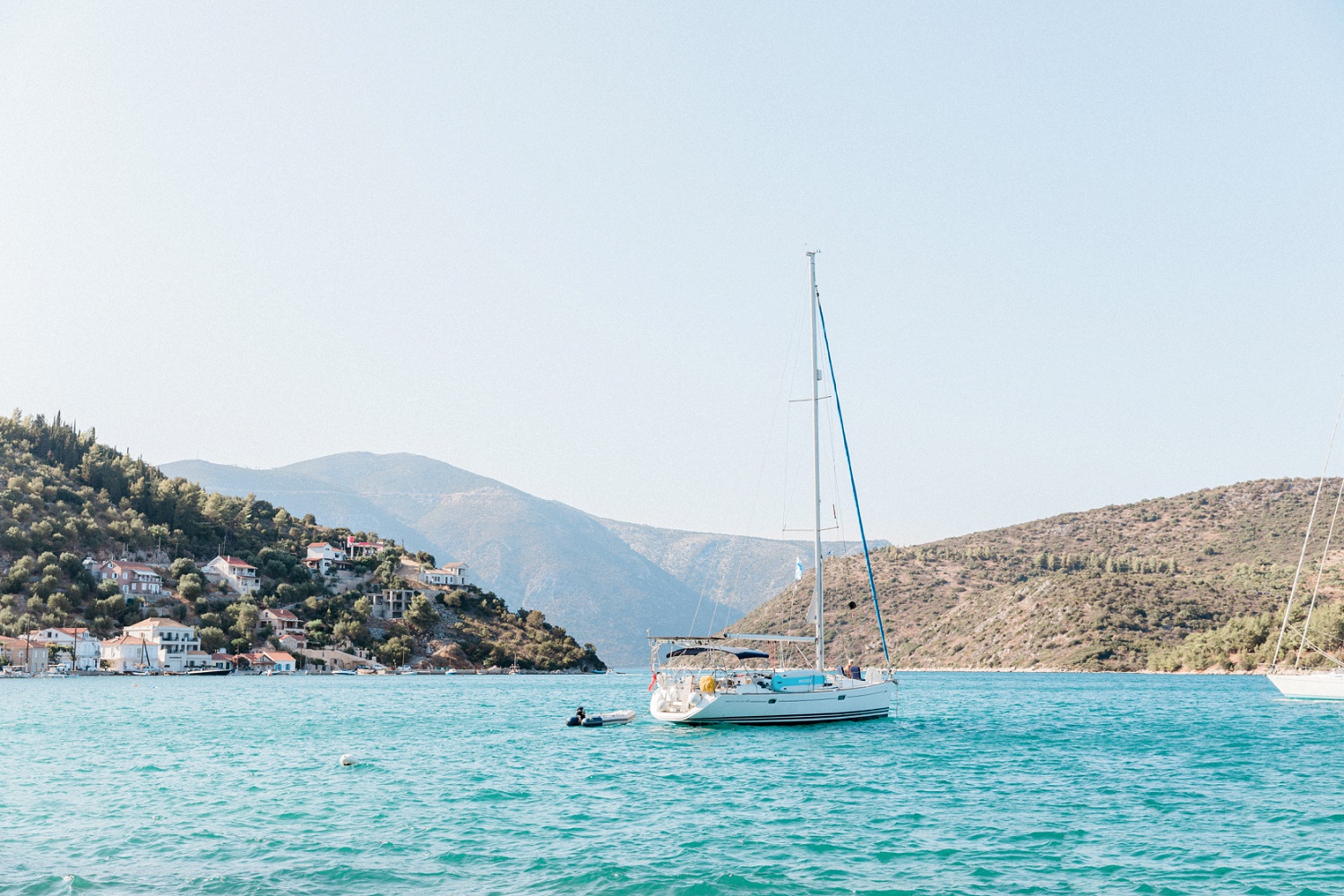 Sailing yacht in the bay of Vathi on Ithaca island in Greece