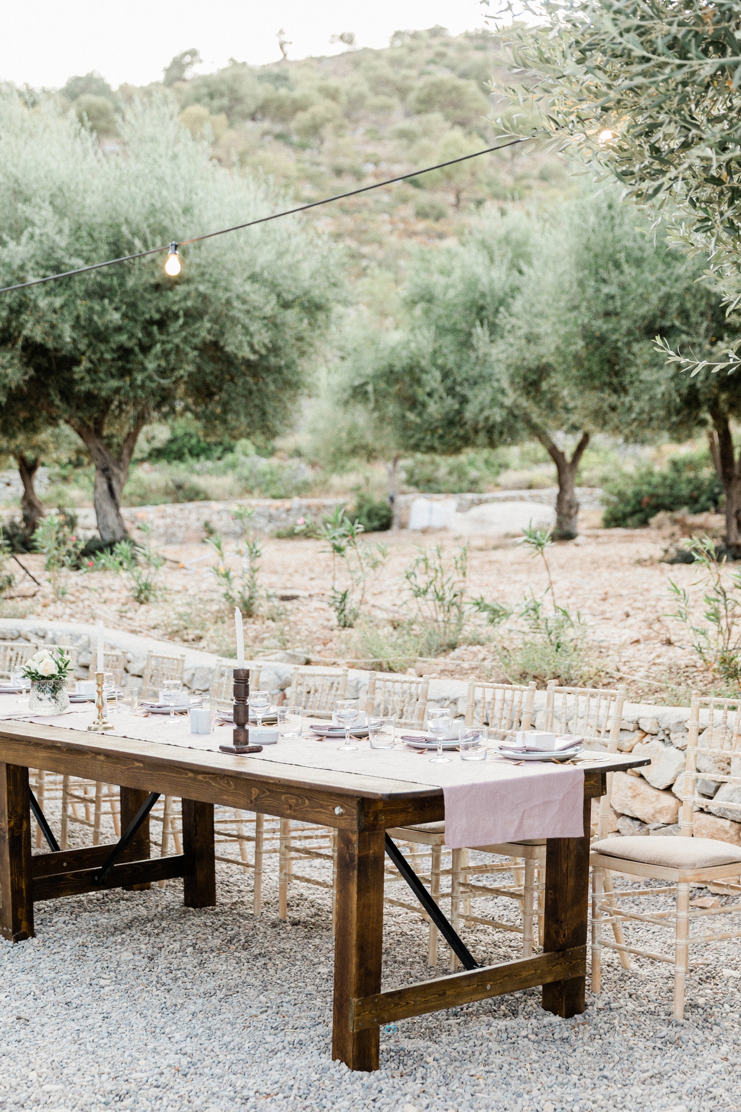 Rustic wedding top table in an olive grove on Ithaca